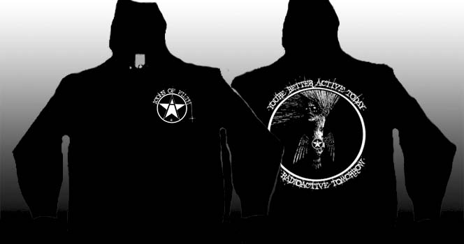 Icons Of Filth- Logo on front, Better Active Today Than Radioactive Tomorrow on back on a black zip up hooded sweatshirt