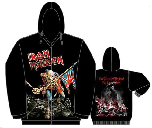 Iron Maiden- The Trooper on front, On This Batlefield No One Wins on back on a black zip up hooded sweatshirt