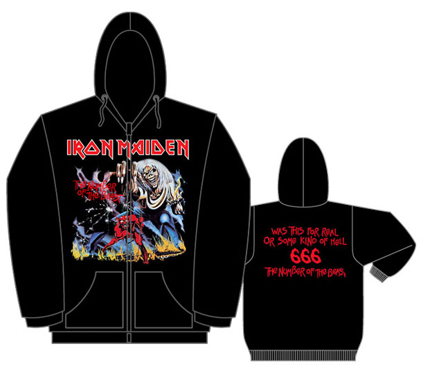 Iron Maiden- The Number Of The Beast on front, Quote on back on a black zip up hooded sweatshirt