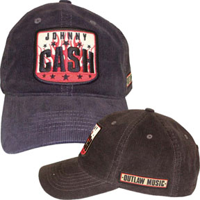Johnny Cash- Flame Logo on front, Outlaw Music on side on a black cordoroy baseball hat