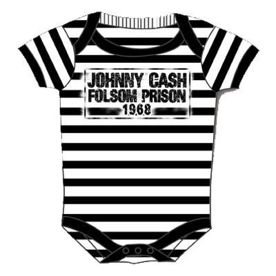 Johnny Cash- Folsom Prison on a black & white striped onesie (S-6m, M- 12m, L- 18m)