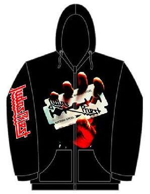 Judas Priest- British Steel on front, Logo on sleeve on a black zip up hooded sweatshirt