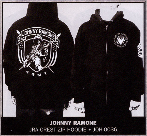 Johnny Ramone- Commando on front, Crest on back, JRA on sleeve on a black zip up hooded sweatshirt