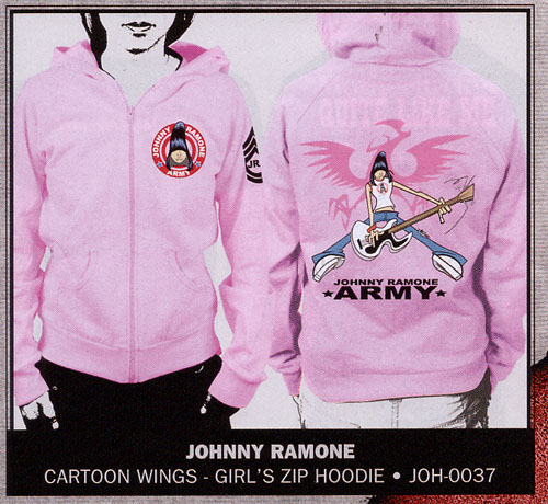 Johnny Ramone- Face on front, Cartoon on back, JRA on sleeve on a pink GIRLS zip up hooded sweatshirt