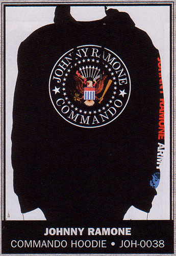 Johnny Ramone- Commando on front, Army on sleeve on a black hooded sweatshirt