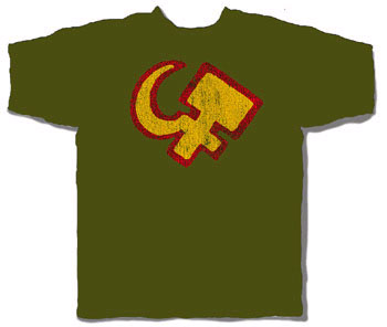 Commie Tee- Red & Yellow Hammer & Sickle on an army green shirt