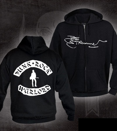 Joe Strummer- Signature on front, Warlord on back on a black zip up hooded sweatshirt