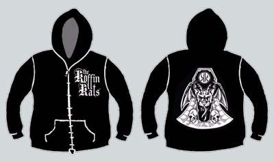 Koffin Kats- Logo on front, Bat Kat on back on a black zip up hooded sweatshirt
