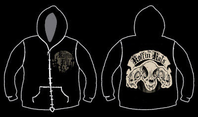 Koffin Kats- Logo on front, 3 Skulls on back on a black zip up hooded sweatshirt