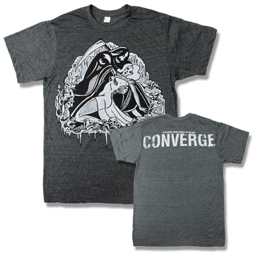 Converge- Glacier Pace on front, Logo on back on a charcoal slim fit slim fit shirt