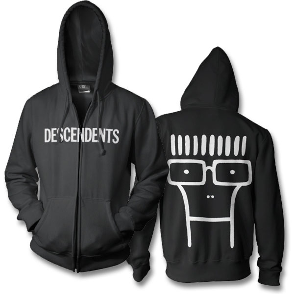 Descendents- Logo on front, Milo on back on a black zip up hooded sweatshirt