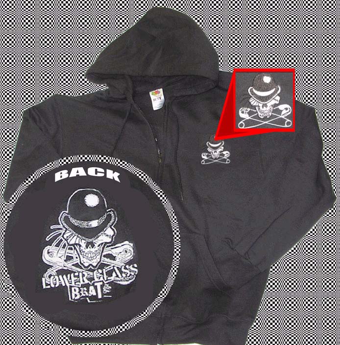 Lower Class Brats- Skull Embroidered on front, Droog Skull on back on a black zip up hooded sweatshirt