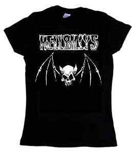 Show product details for Hellbillys- Skull Bat on a black baby doll shirt