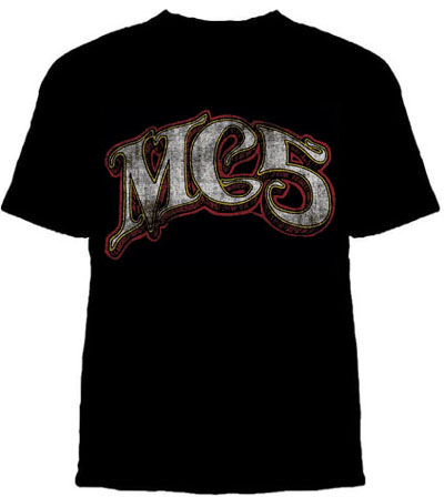 MC5- Distressed Logo on a black guys slim fit shirt (Sale price!)
