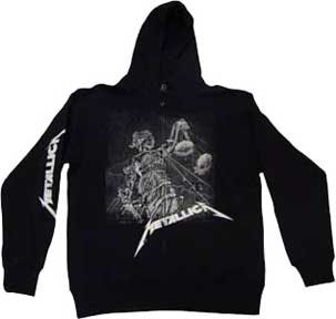 Metallica- And Justice For All (White Design) on front, Logo on sleeve on a black zip up hooded sweatshirt
