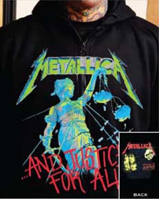 Metallica- And Justice For All (Full Color Design) on front, Hammer Of Justice on back on a black zip up hooded sweatshirt
