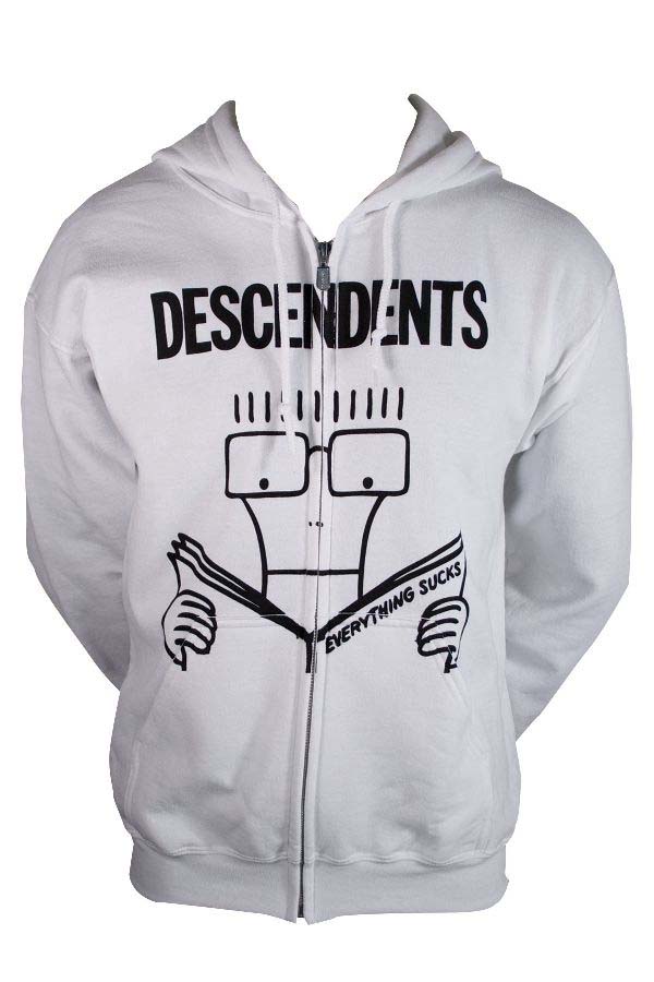 Descendents- Everything Sucks on a white zip up hooded sweatshirt