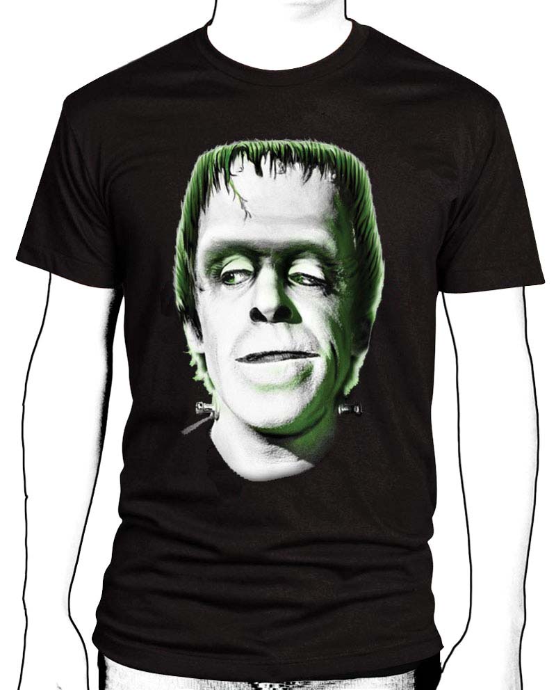 Herman Munster (head & bolts) on a black shirt 