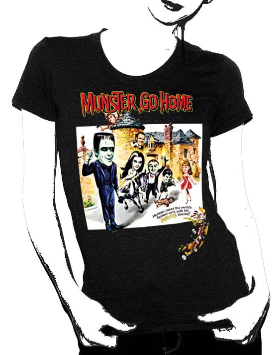 Munster Go Home Movie Poster on a black girls fitted shirt