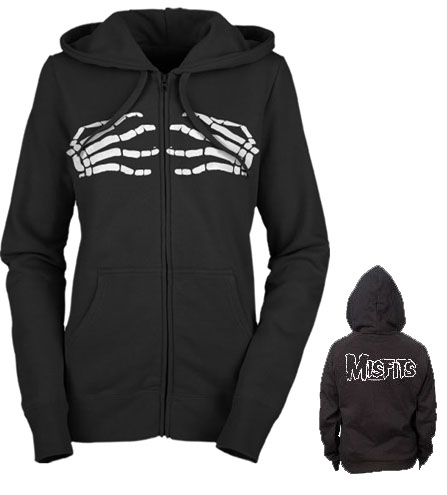Misfits- Groping Skeleton Hands on front, Logo on back on a girls black zip up hooded sweatshirt