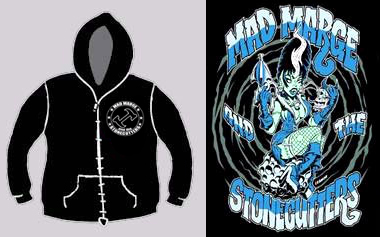 Mad Marge And The Stonecutters- Symbol on front, Alien Chick on back on a black zip up hooded sweatshirt