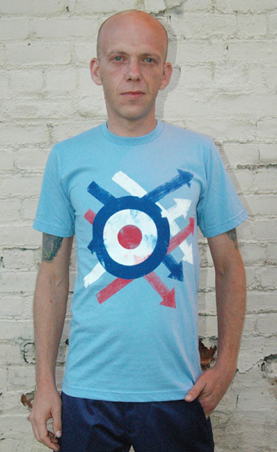 Mod Symbol & Arrows on a baby blue guys slim fit shirt by England Belongs - SALE sz 3X only