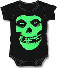 Misfits- Green Skull on a black one piece snap bottom baby shirt (S=0-6 mo, M=6-12 mo, L=12-18 mo, XL=18-24 mo)