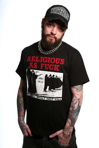 Religious As Fuck on a black shirt by Toxico