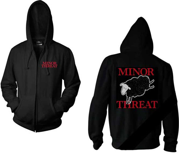Minor Threat- Logo on front, Sheep on back on a black zip up hooded sweatshirt