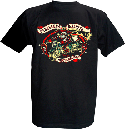 Skullsports Caballero Maldito on a black shirt by Timeless Clothing - SALE
