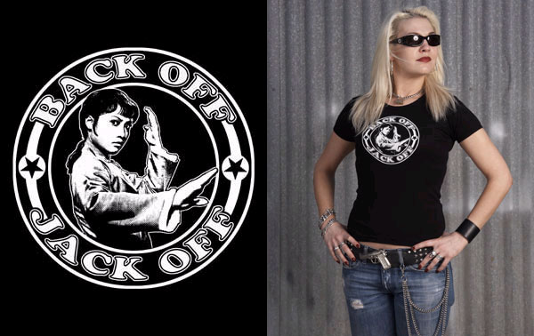 Show product details for Lucky Mule Brand- Back Off Jack Off on a black girls fitted shirt