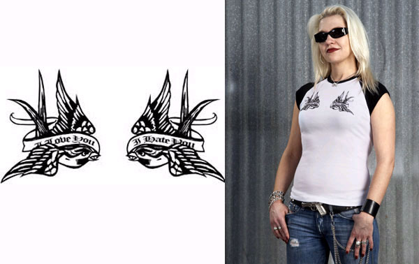 Lucky Mule Brand- I Love You/I Hate You Swallows on a white girls fitted shirt with black capped sleeves