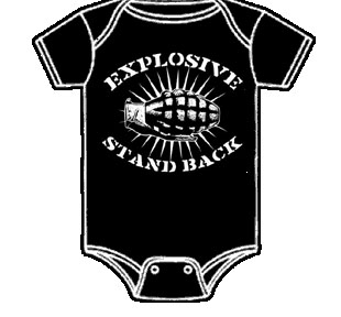 Show product details for Explosive, Stand Back baby onesy by Lucky Mule (S: 3-6 mo, M: 6-12 mo, L: 12-18 mo, XL: 18-24 mo)