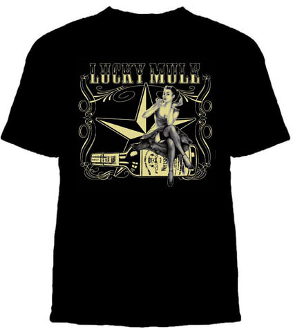 Lucky Mule Brand- Girl Sitting On Whiskey Bottle on a black shirt