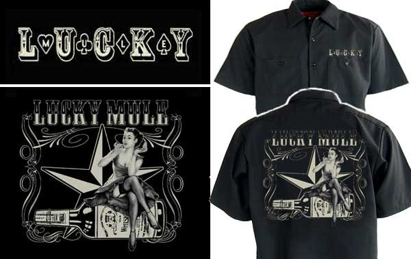 Lucky Bottle on a black short sleeve work shirt by Lucky Mule