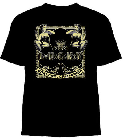 Lucky Mule Brand- Oakland, California (2 Pin Ups With Club) on a black shirt