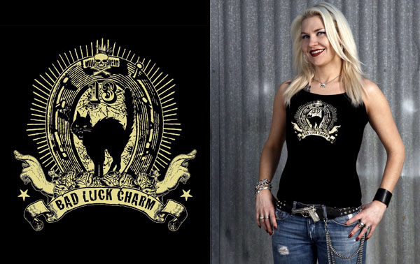 Show product details for Lucky Mule Brand- Bad Luck Charm on a black spaghetti strap girls shirt