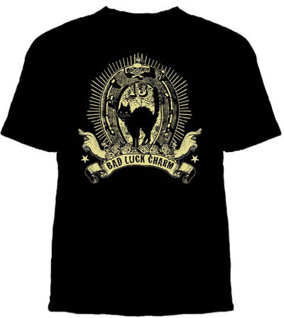 Show product details for Lucky Mule Brand- Bad Luck Charm on a black shirt