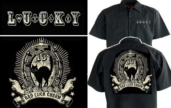 Bad Luck on a black short sleeve work shirt by Lucky Mule