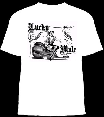 Lucky Mule Brand- Girl Sitting On Stand Up Bass on a white shirt