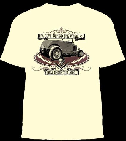 Show product details for Lucky Mule Brand- A Devil Behind The Wheel, Hell Under The Hood on a natural colored shirt