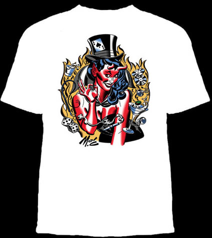 Lucky Mule Brand- Devil Girl With Tophat on a white shirt