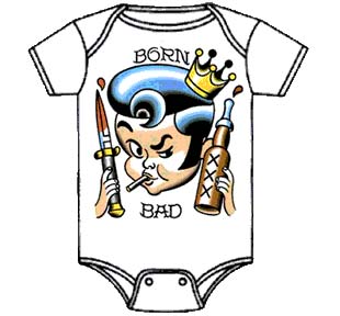 Show product details for Born Bad (Mitch O'Connell artwork) baby onesy by Lucky Mule (S: 3-6 mo, M: 6-12 mo, L: 12-18 mo, XL: 18-24 mo)
