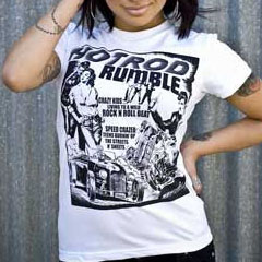 Lucky Mule Brand- Hot Rod Rumble on a white girls fitted shirt