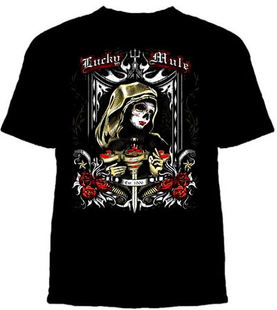 Lucky Mule Brand- Lucky Mary on a black shirt
