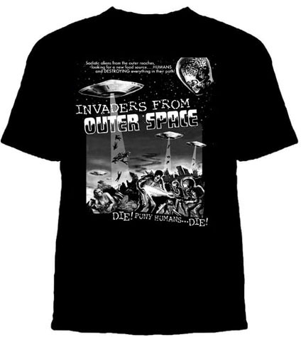 Lucky Mule Brand- Invaders From Outer Space on a black shirt