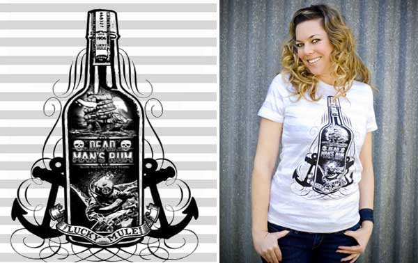 Lucky Mule Brand- Dead Man's Rum on a white & grey striped girls fitted shirt