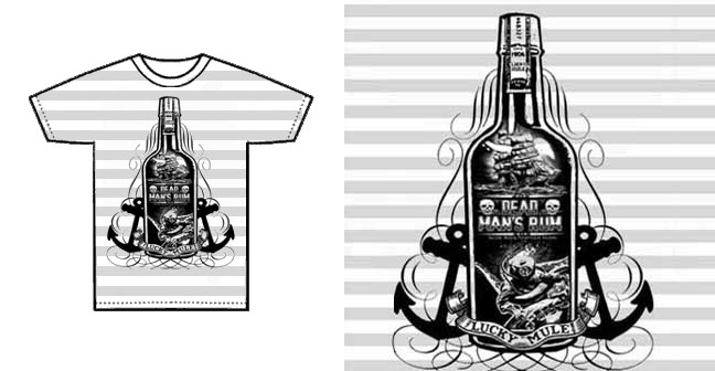 Lucky Mule Brand- Dead Man's Rum on a white & grey striped shirt