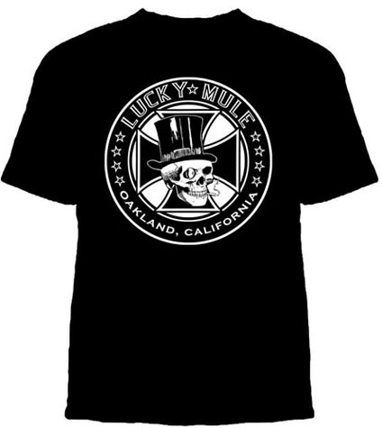 Lucky Mule Brand- Lucky Cad (Tophat & Iron Cross) on a black shirt