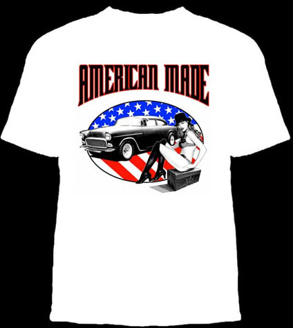 Lucky Mule Brand- American Made on a white shirt